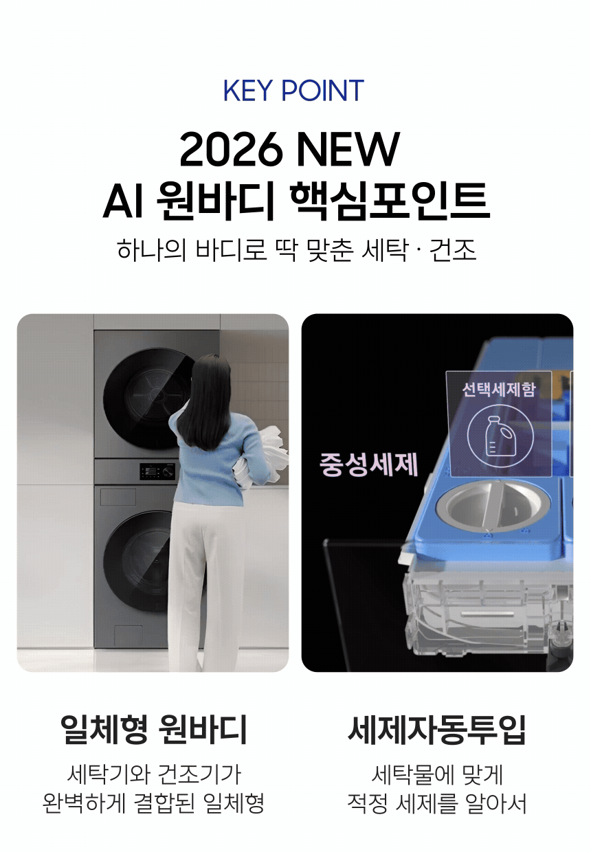 NEW 비스포크 AI 원바디 세탁기(24kg)+건조기(20kg) 1등급 그레이지 WH80H2420BBHY